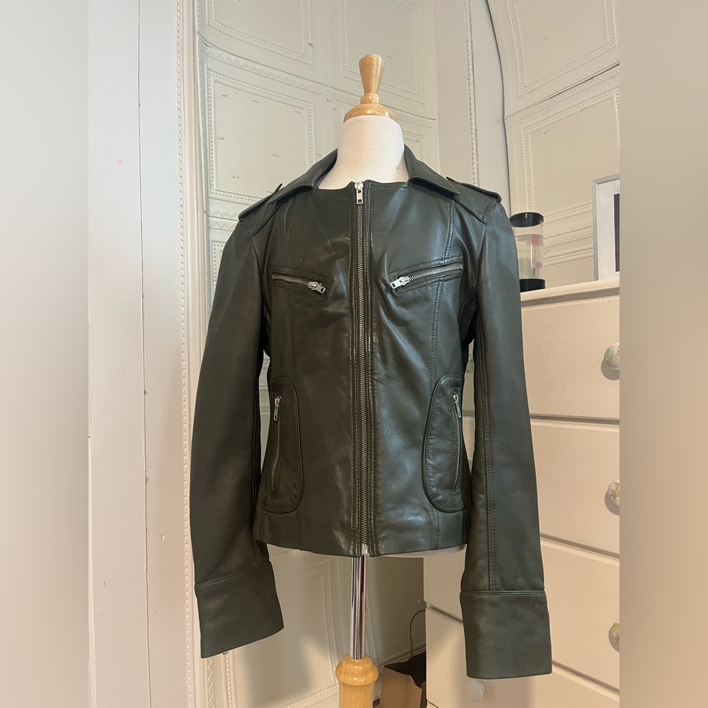 Vintage Forest Green Genuine Leather Moto Jacket Carrie Horton Size 14 - Picture 2 of 15